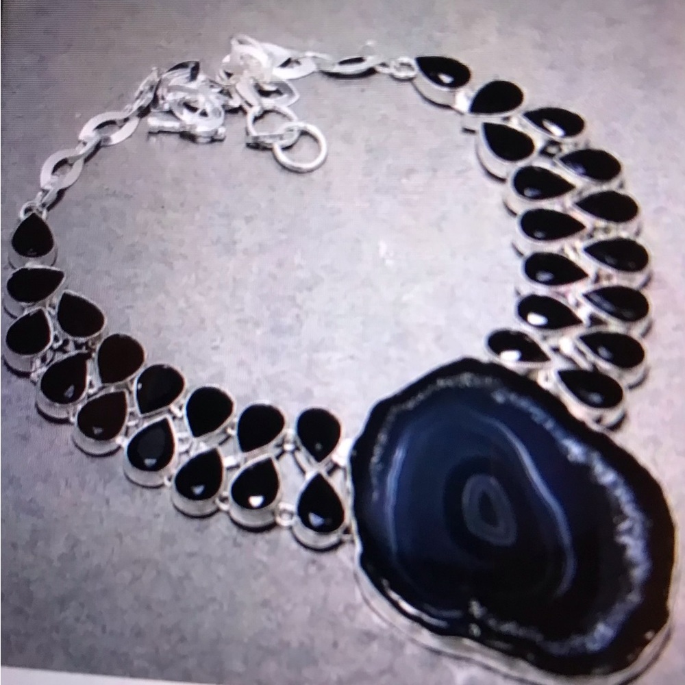 Botswana Agate Black Onyx Stamped 925 Sterling Silver Necklace